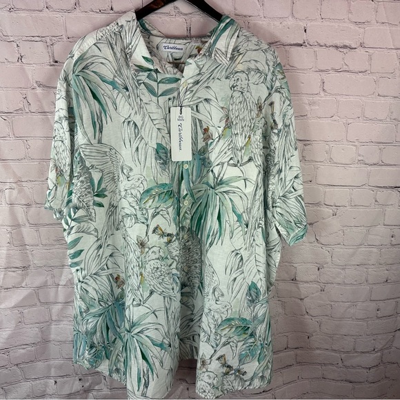 NWT caribbean Green Tropical Print Hawaiian Shirt linen cotton blend sz 4XB - Picture 1 of 7
